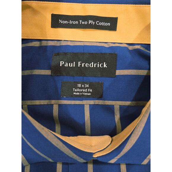 NWT Paul Fredrick Tailor Fit LS Dress Shirt Navy/Gold Neck: 18 - Picture 3 of 6